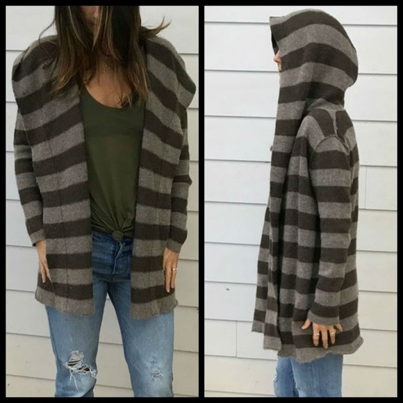 💕VINCE💕 Striped Shawl Collar Cardigan Hooded Alpaca Wool Cashmere Striped XS - Picture 1 of 7